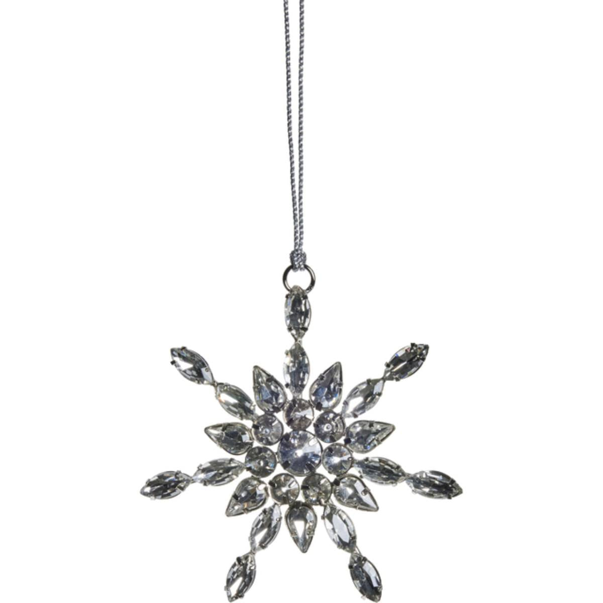 Decorative Ada Festive Silver Glass Tree Snowflake Tree Ornament with clear gemstones on a white background