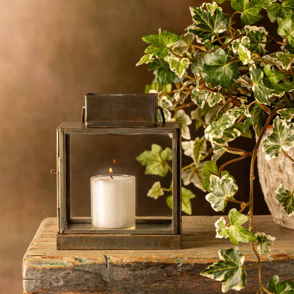 Decorative lantern with a candle on a wooden surface next to a potted plant.