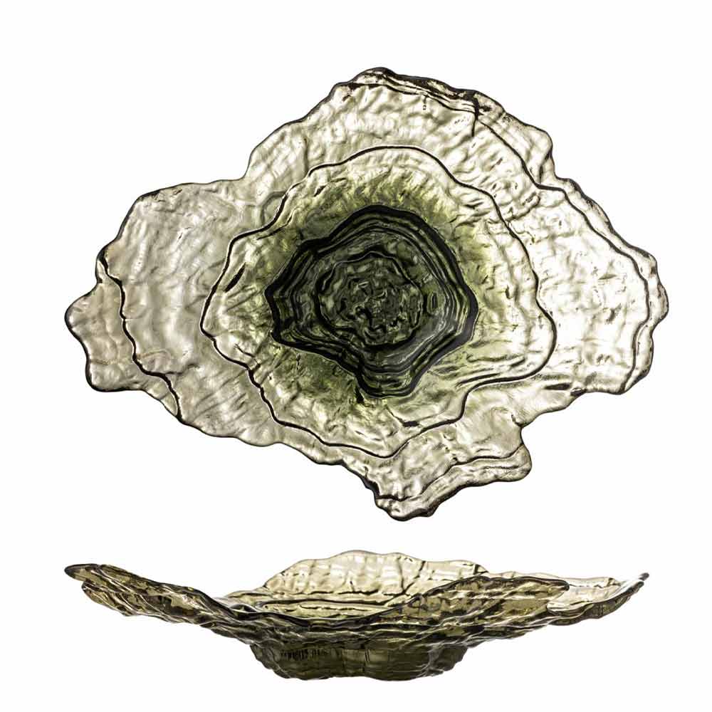 A textured, organic-shaped glass bowl shown from two angles: a top-down view displaying its layered, wavy rim, and a side profile view showing its depth and wavy edge, both on a solid white background.