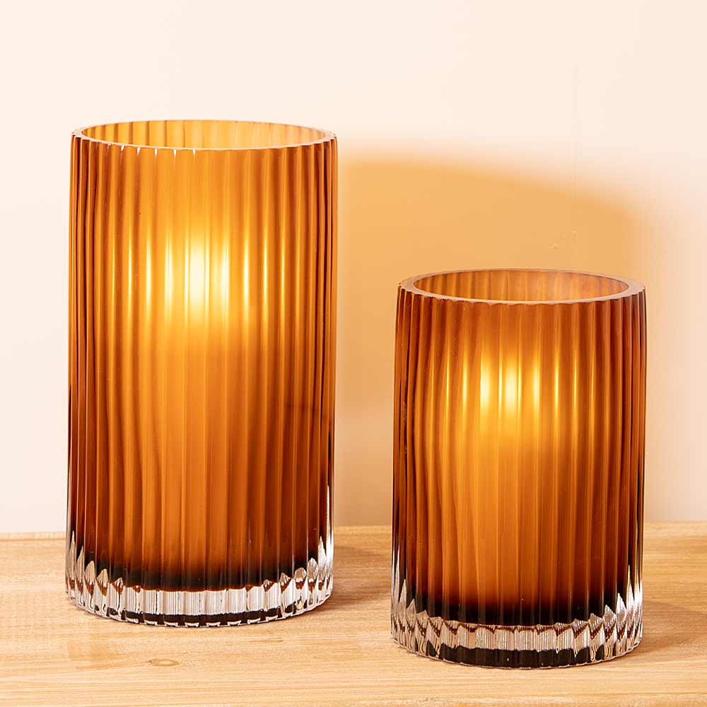 Large and Small Amber Smoke Fluted Vases shown together on console