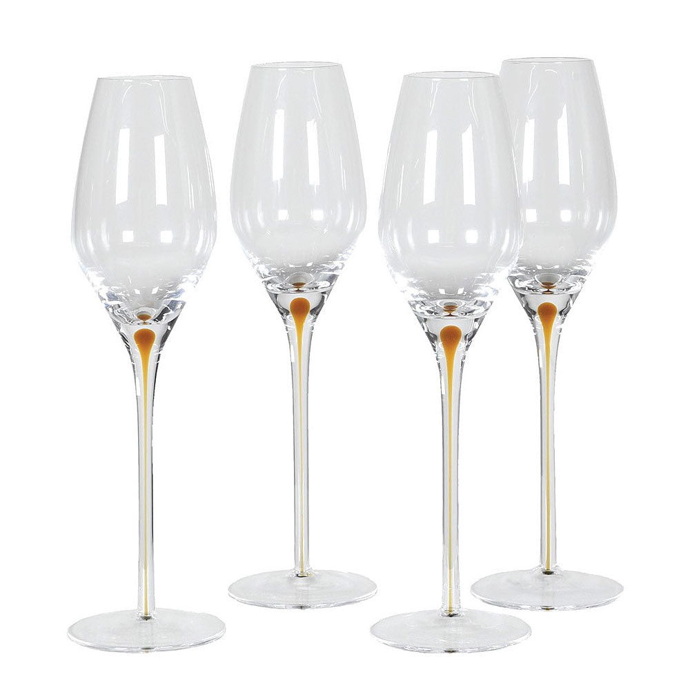 Four Amber Teardrop Champagne Flutes on a white background 