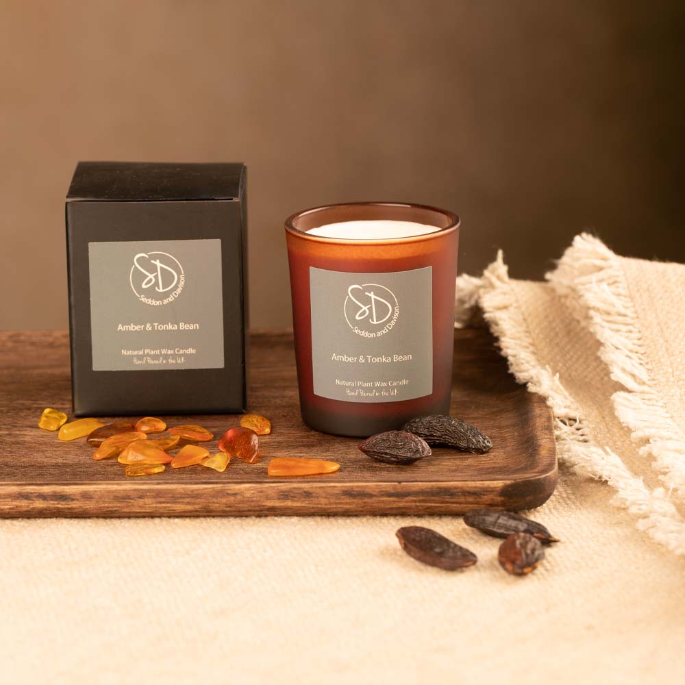Amber and Tonka Bean 9cl Votive Candle - Frosted Amber Glass Jar