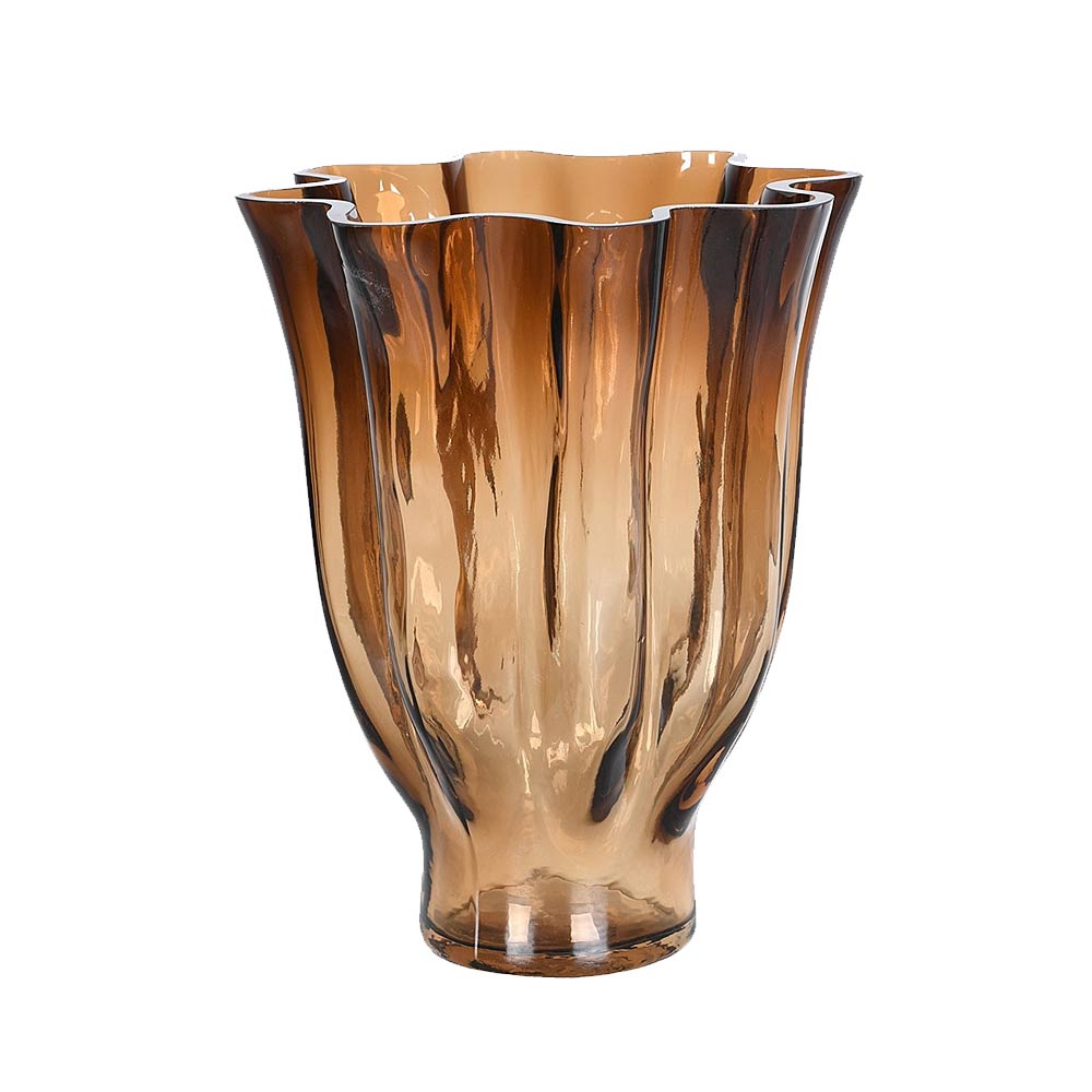 A fluted amber glass vase with a scalloped rim, shown on a plain white background.