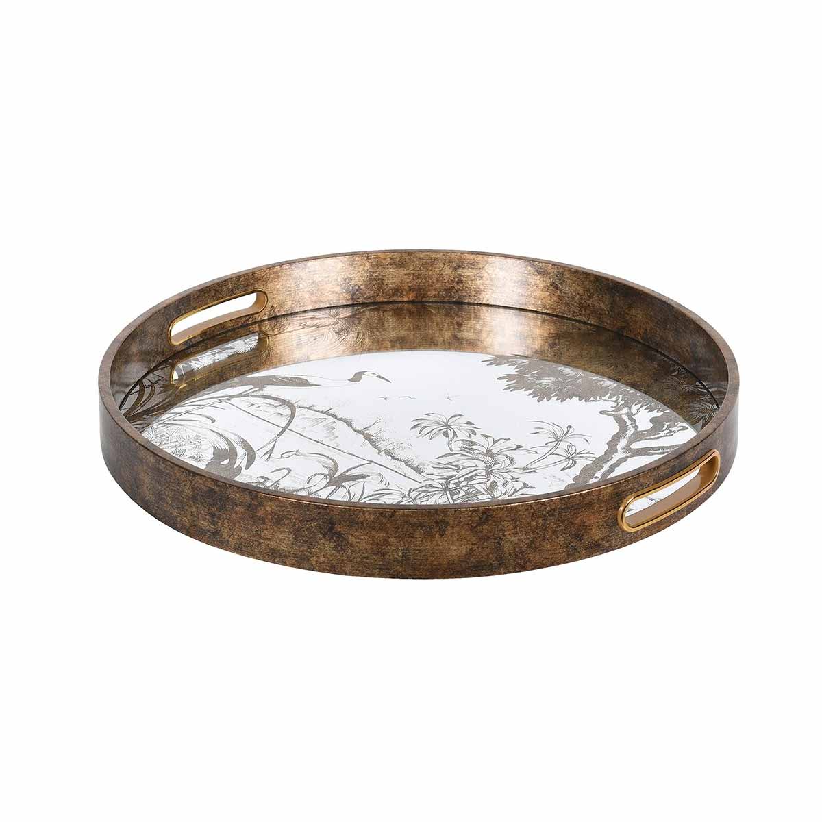 Antique Gold Round Tray | Mirrored Glass with Vintage Crane Design