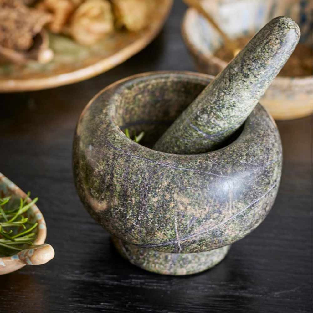 Arazo Dark Green Marble Pestle and Mortar