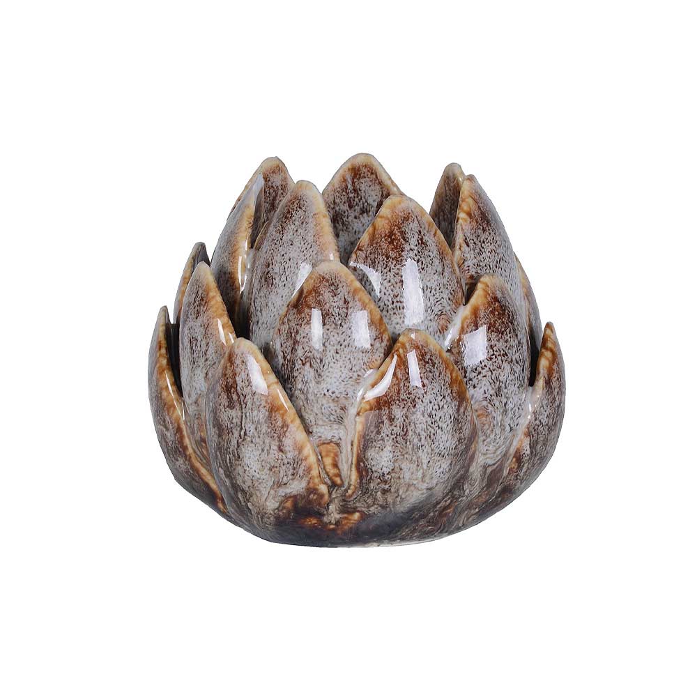 A ceramic artichoke -shaped candle holder with a glossy brown and beige speckled glaze, isolated on a white background.