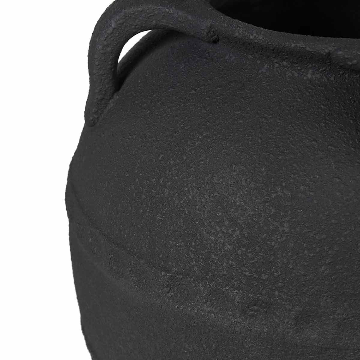 Black Terracotta VaseBlack terracotta urn-shaped vase with sculptural handles - close up of matte finish