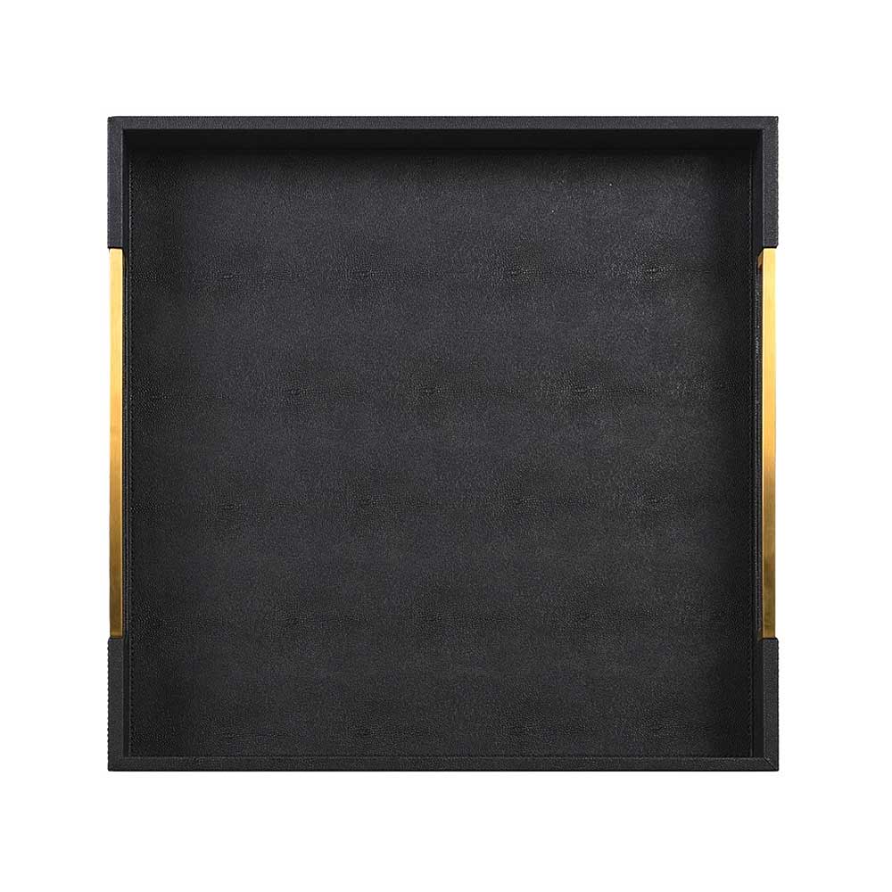Small black Faux Shagreen Tray with Gold Handles on white background