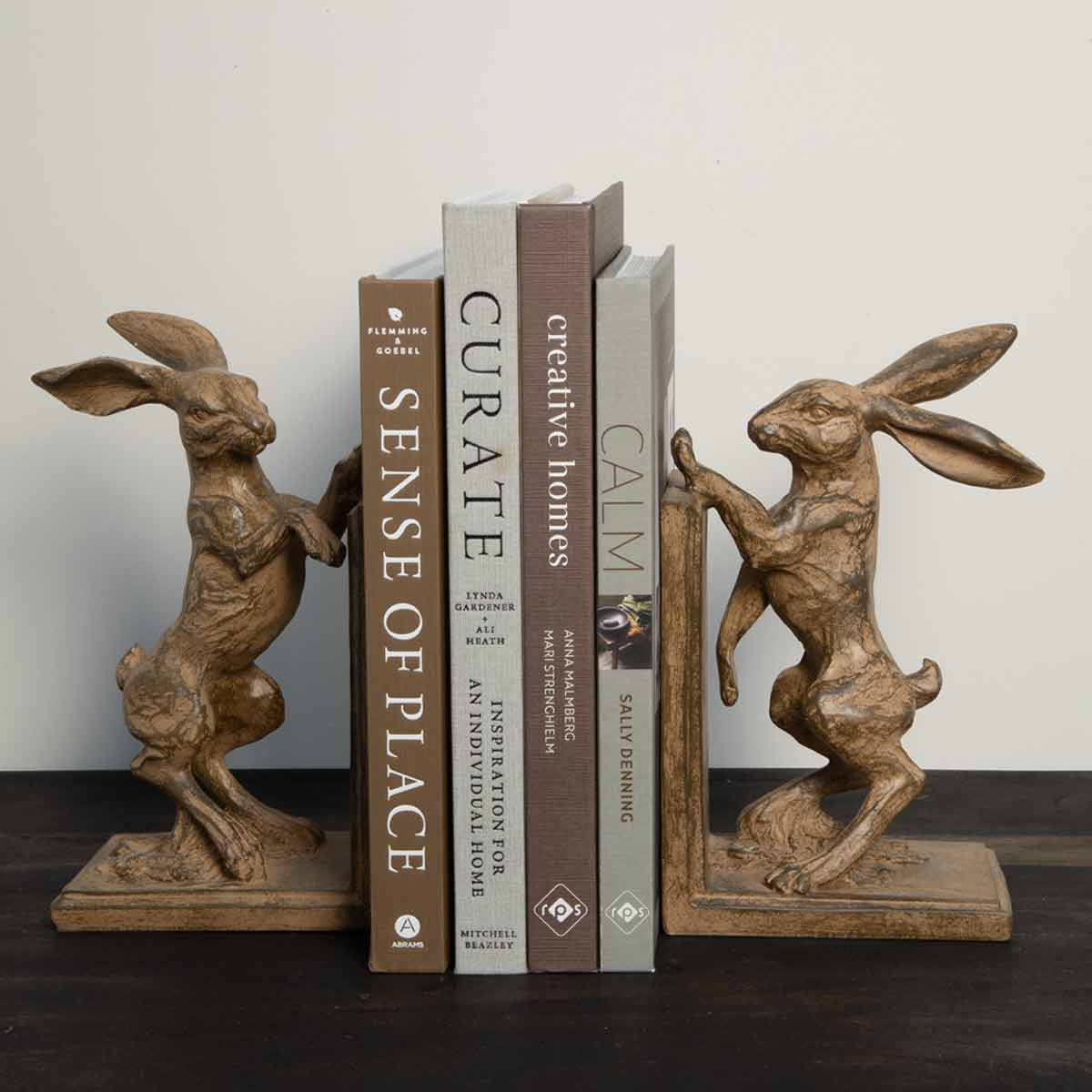 Boxing Hare Bookends Styled with Books