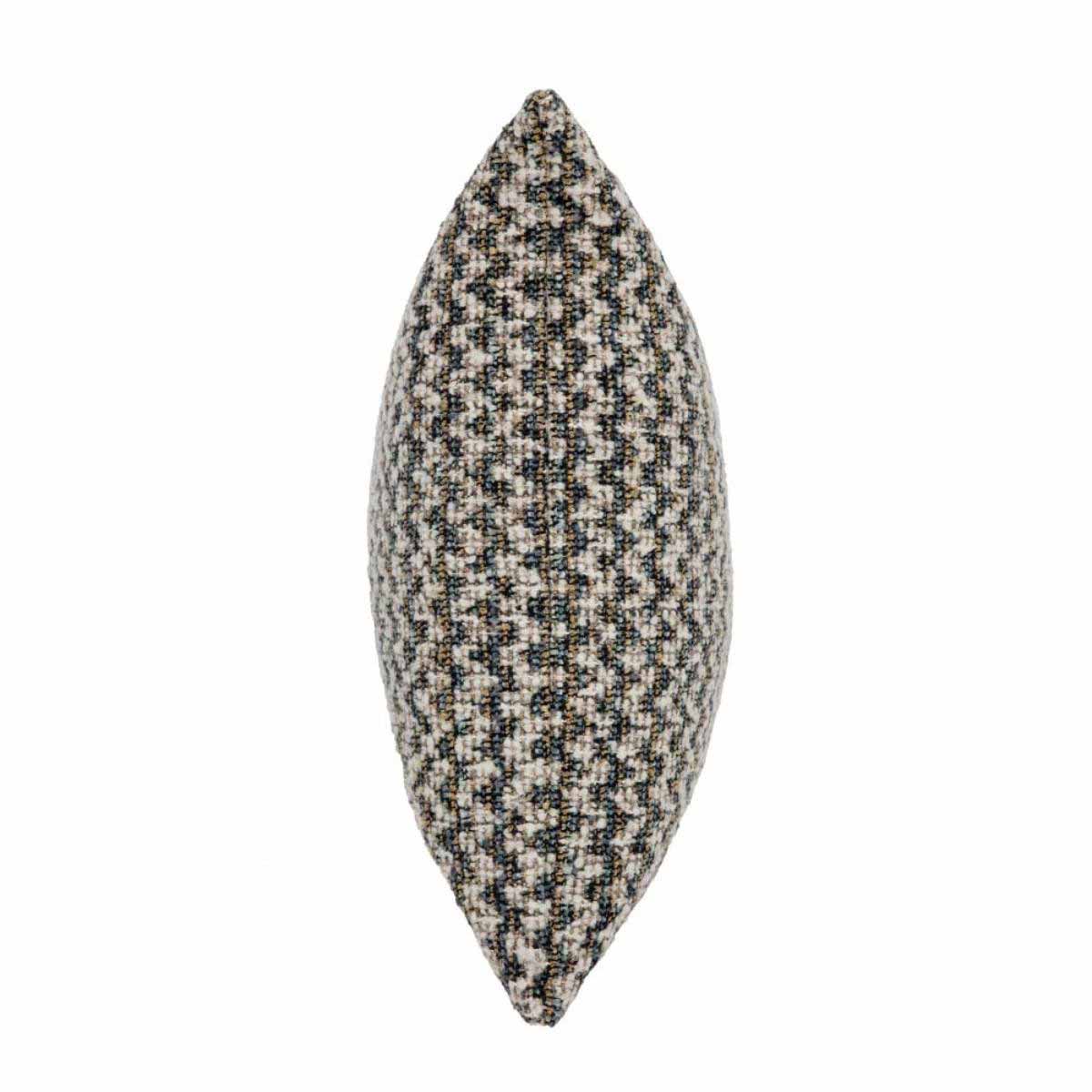 Side profile of the Braden Cushion, showcasing its thickness, premium fabric, and detailed blue and cream weave.