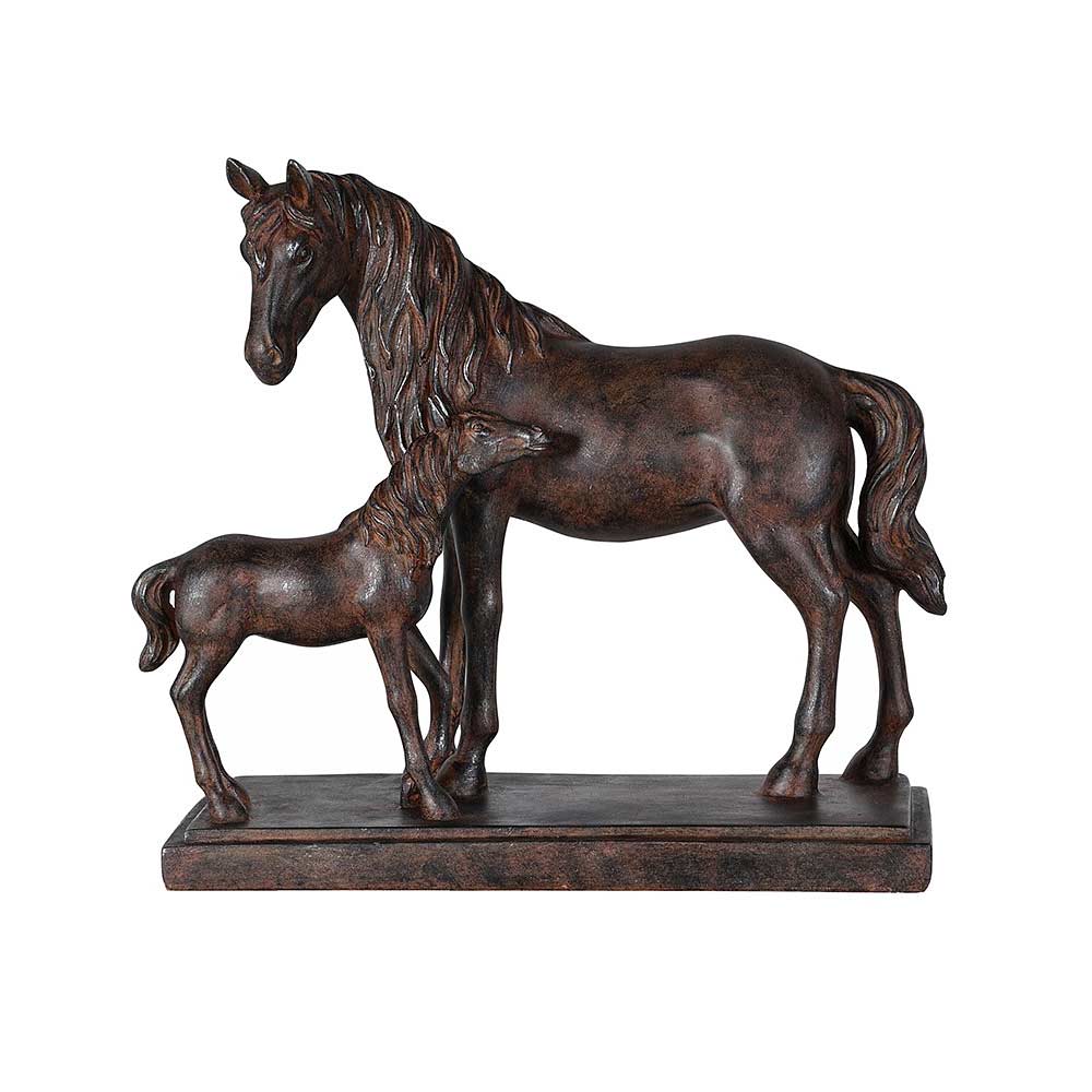 Bronze Effect Mare and Foal sculpture shown face on on a white background