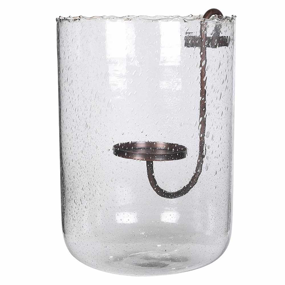 Clear glass candle holder vase with a textured, bubbly seedy glass finish and a dark bronze metal candle sleeve and loop.