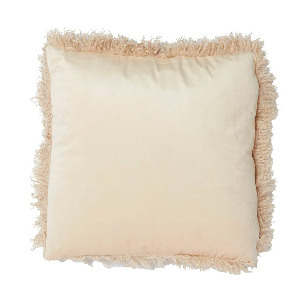 Bubion Faux Fur Square Cushion in Sand with shaggy texture on a white background - Reverse side