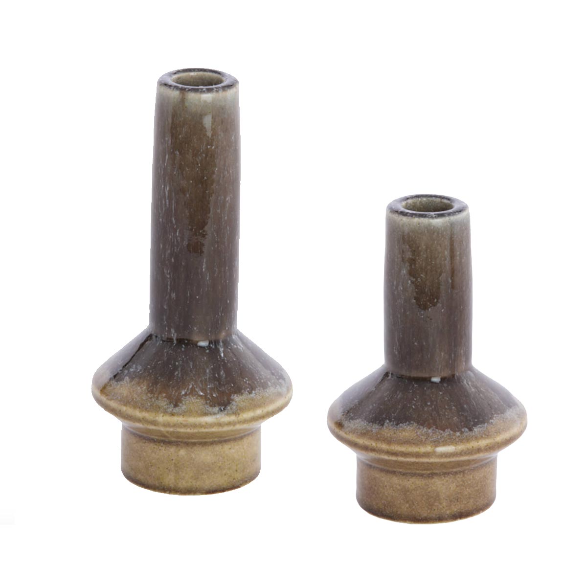 Burano Ceramic Candlestick - Dark Olive and Brown glaze - Tall and Short sizes shown together