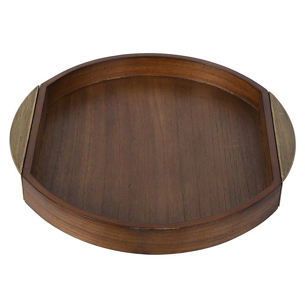 A wooden serving tray with a dark brown wood grain finish and light-colored side handles, shown on a plain white background.
