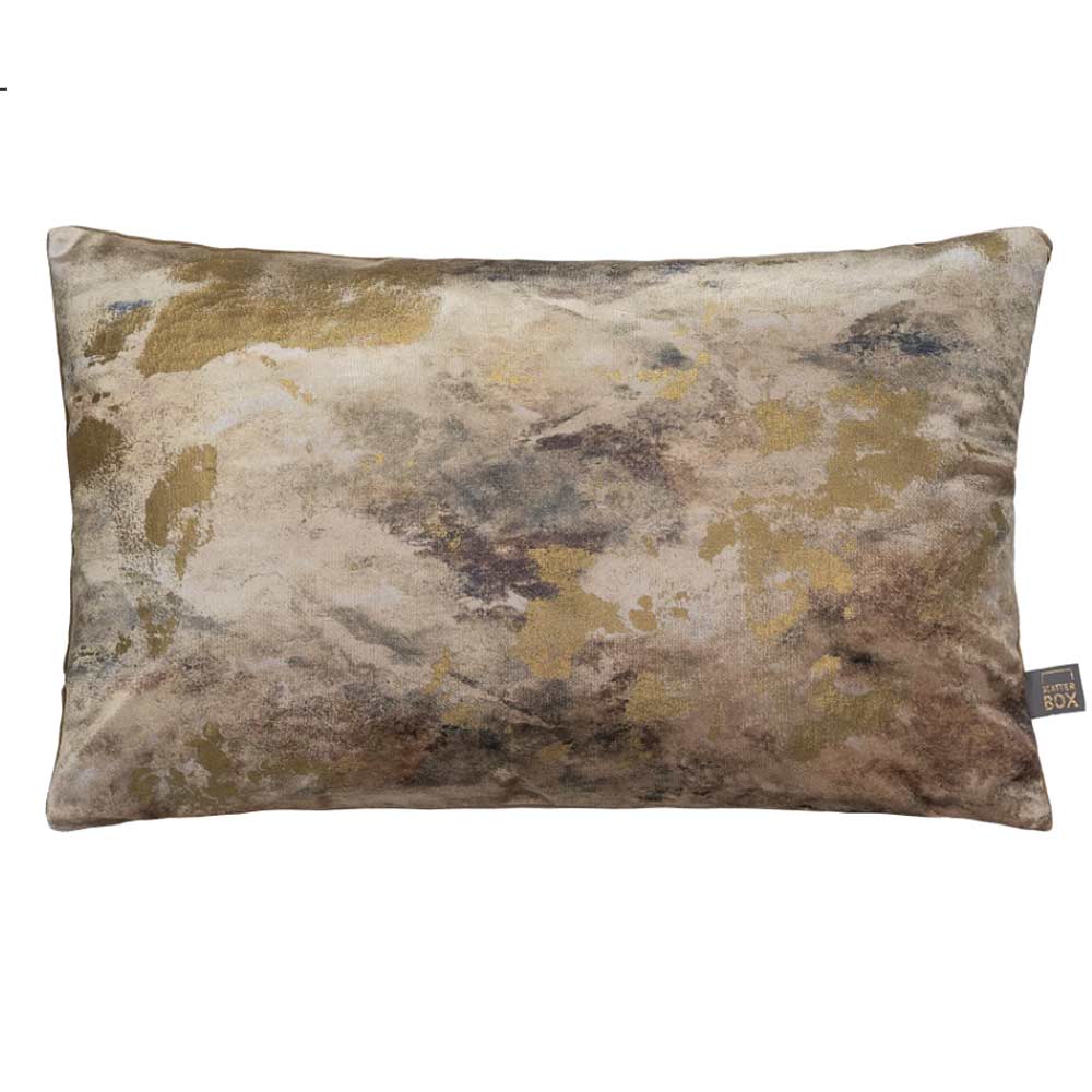 Front of Oblong Caesium cushion with a gold abstract metallic front and olive green velvet reverse on a white background