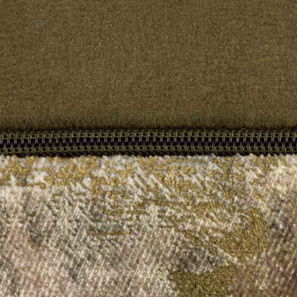 Close-up of a zip on Caesium Olive Green/Gold Cushion - Large Square - Decorative cushion with abstract metallic front and olive green reverse