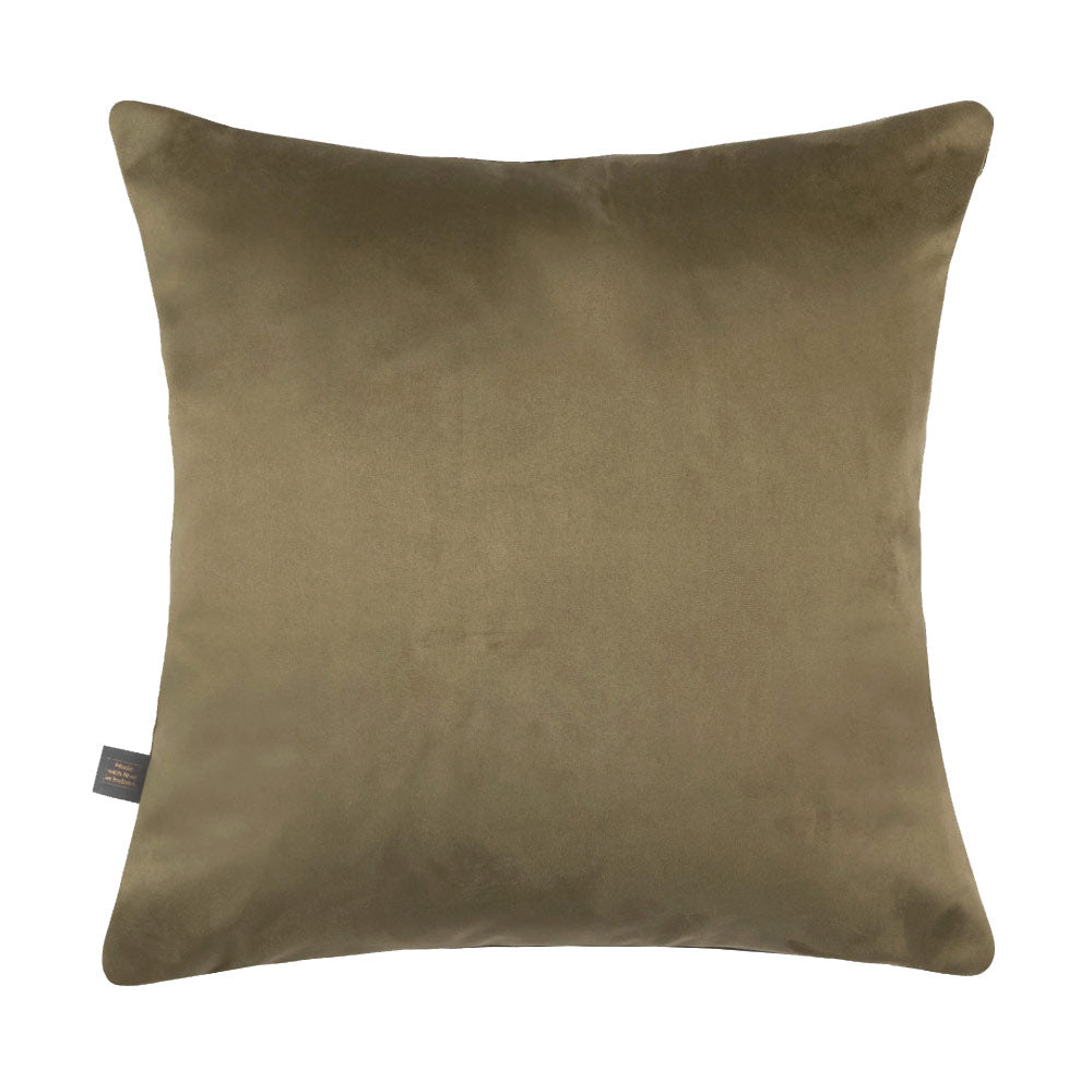 Large Square Caesium Cushion with Gold  Metallic Front and with abstract pattern - showing olive green reverse on a white background