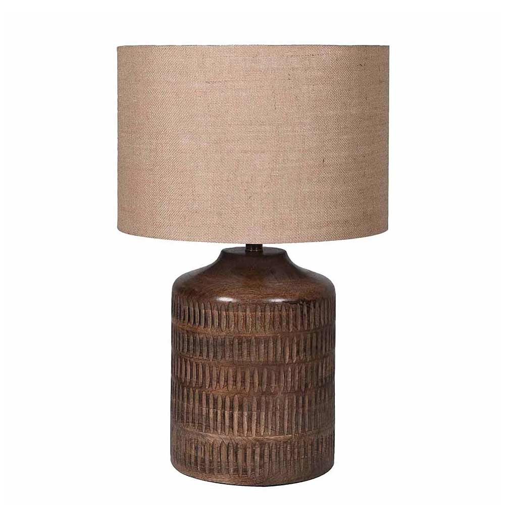Carved Ridged Table Lamp and natural jute lampshade on a white background