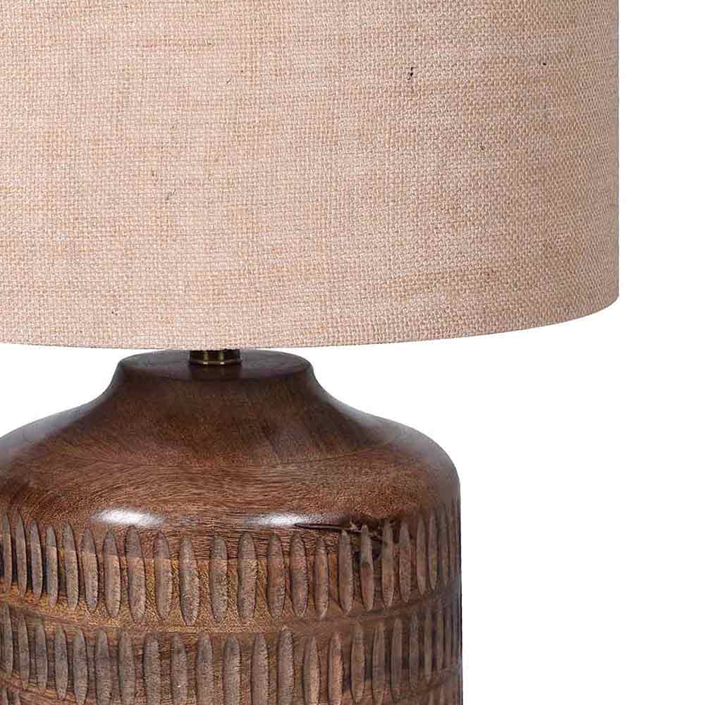 Close up of jute shade and mango wood based on the Carved Ridged Table Lamp - shown on a white background