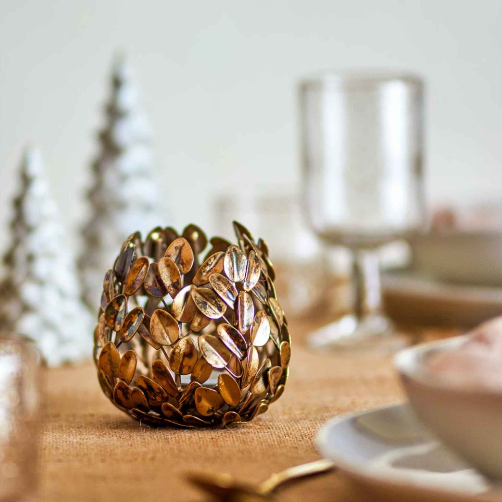 Cherina Votive - Brass - With Festive Trees and Table Display