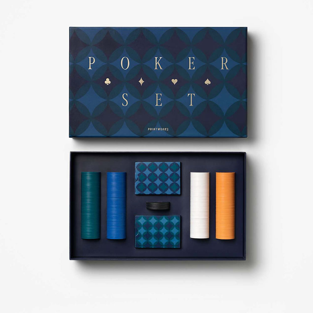 High quality classic poker set with cards, chips, and other components in a diamond style box on a white background