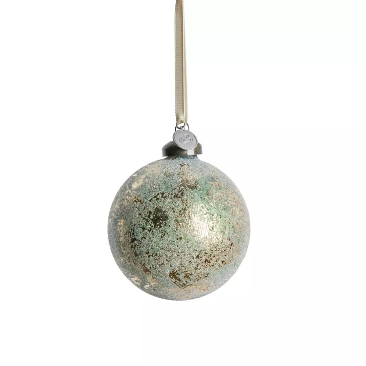 Decorative Christmas Clearena Glass Bauble  - Sage Green and Gold - with a textured surface on a white background