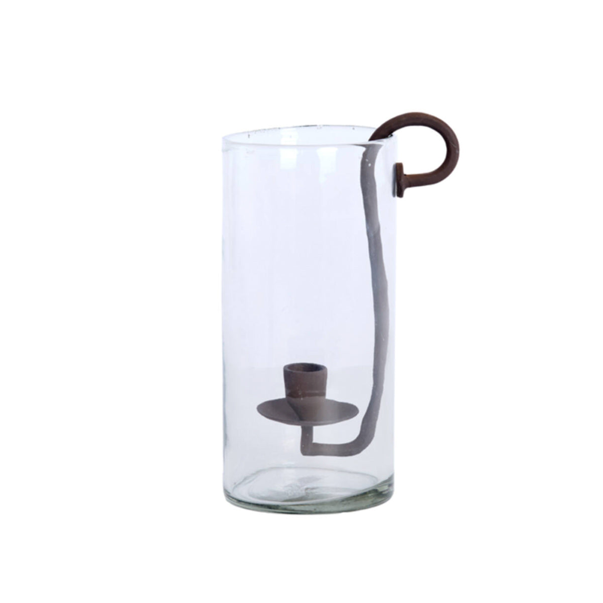 Clear glass hurricane lantern with antique brown dinner candle holder and curved metal handle – Dolega 28.5cm
