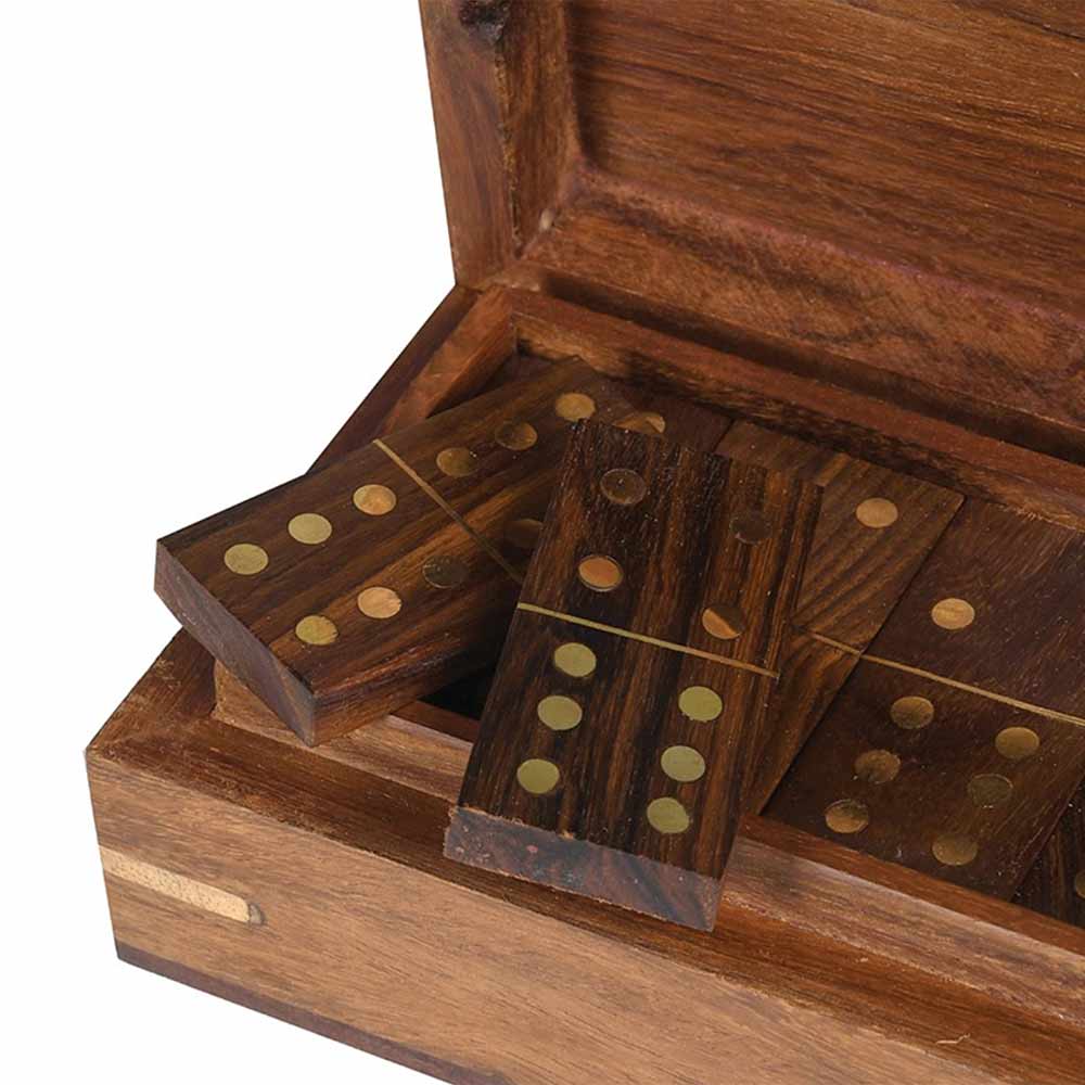 Wooden domino set with pieces partially removed from a wooden box.