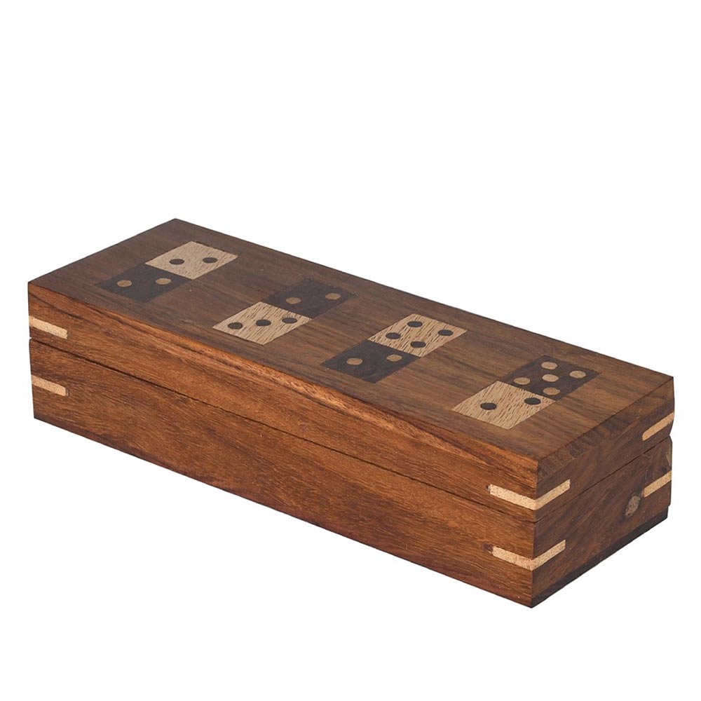 Wooden box with dice designs on a white background