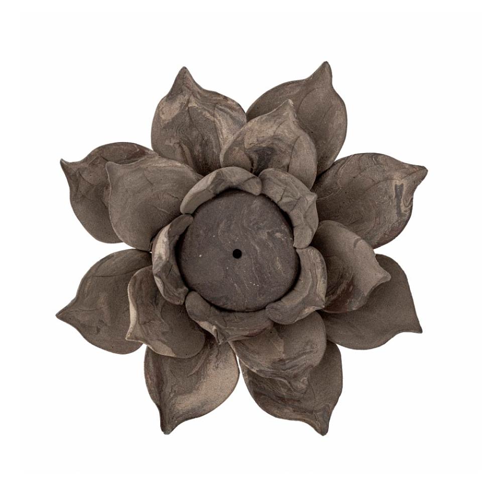 Eira stoneware tealight holder in brown with sculpted flower petals - from above.