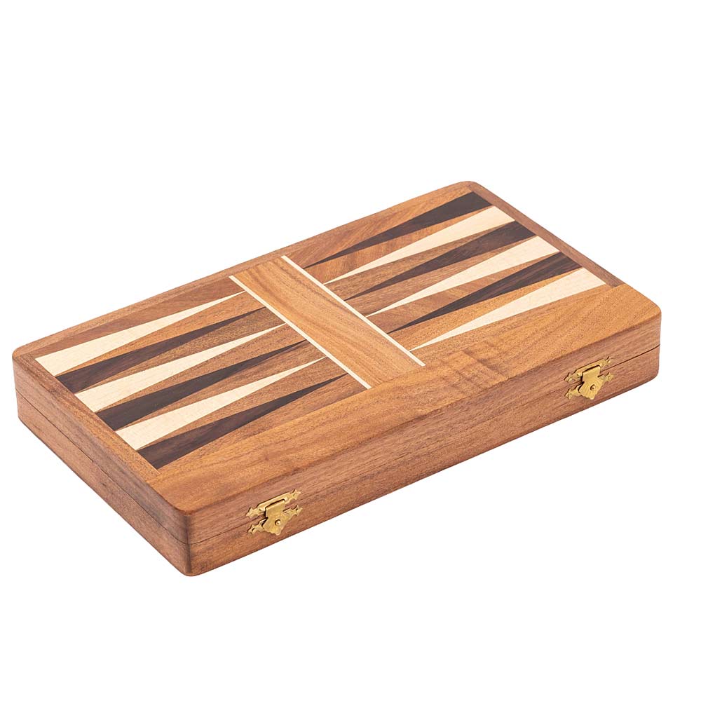 A wooden backgammon set with a closed rectangular box, featuring a striped playing surface visible on top and small gold-tone latches on the sides, photographed on a plain white background.