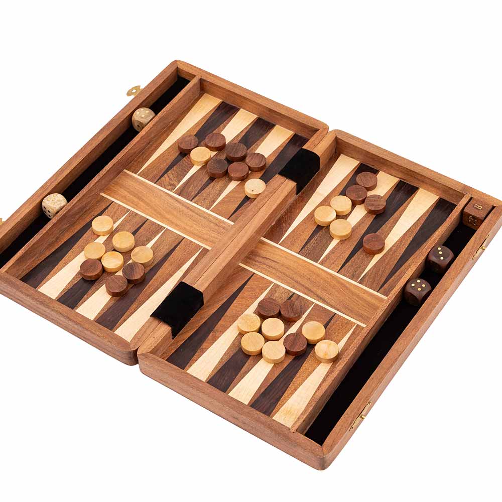 A wooden backgammon set with its open rectangular box, featuring the striped playing surface with wooden pieces and dice visible,  photographed on a plain white background.