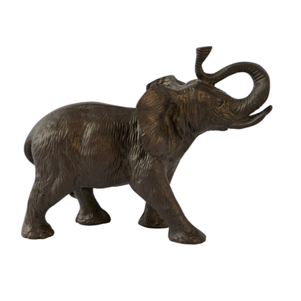 A bronze-finished metal elephant figurine with textured details, shown from a side profile with a raised trunk against a plain white background.