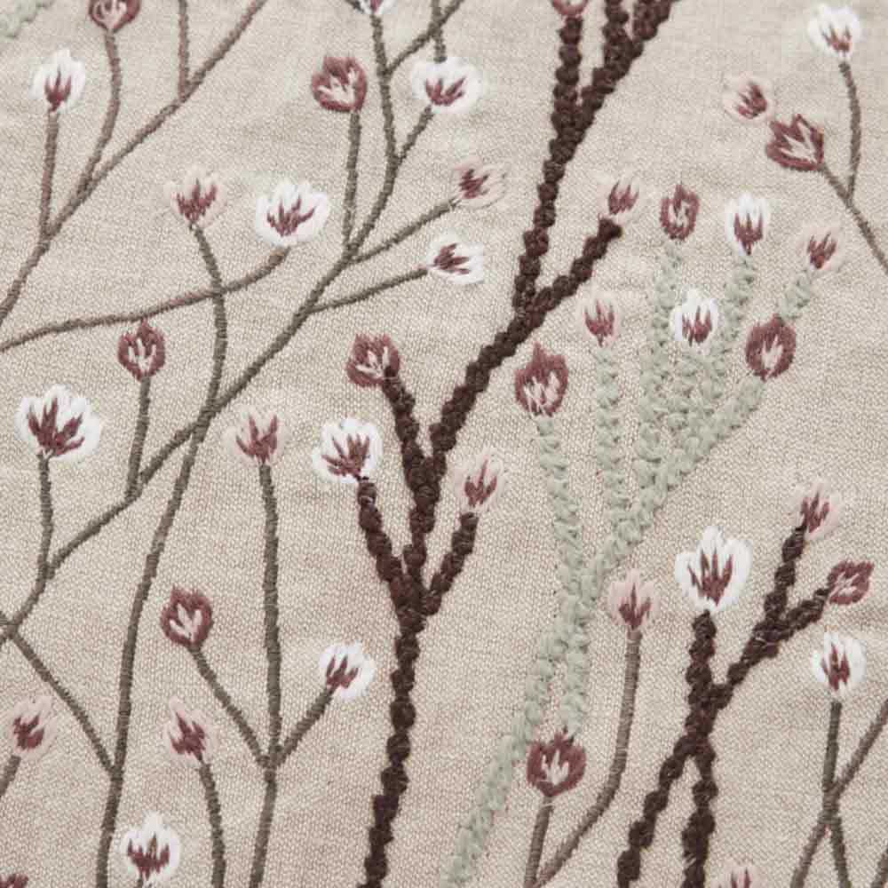 Elia Embroidered Floral Cushion - Linen, White and Green - Close up of embroidered texture