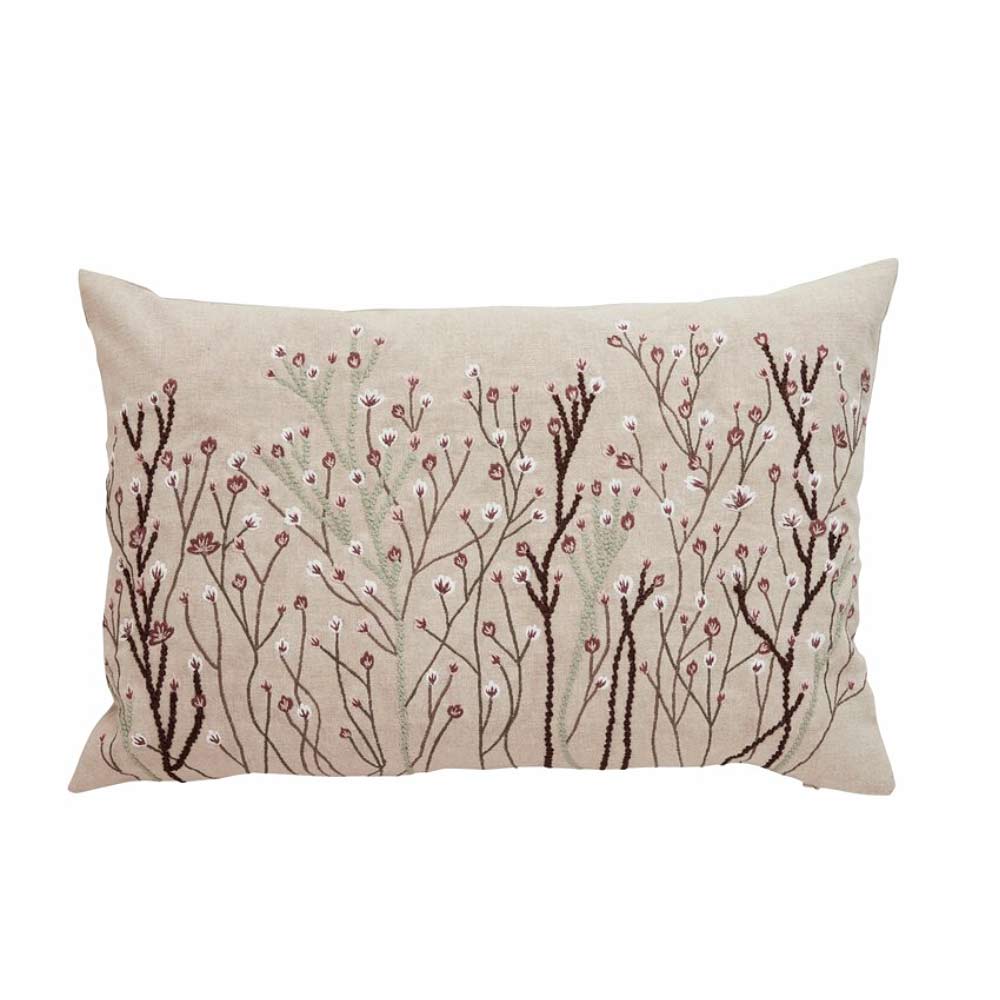 Elia Embroidered Floral Cushion - Linen, White and Green on white background