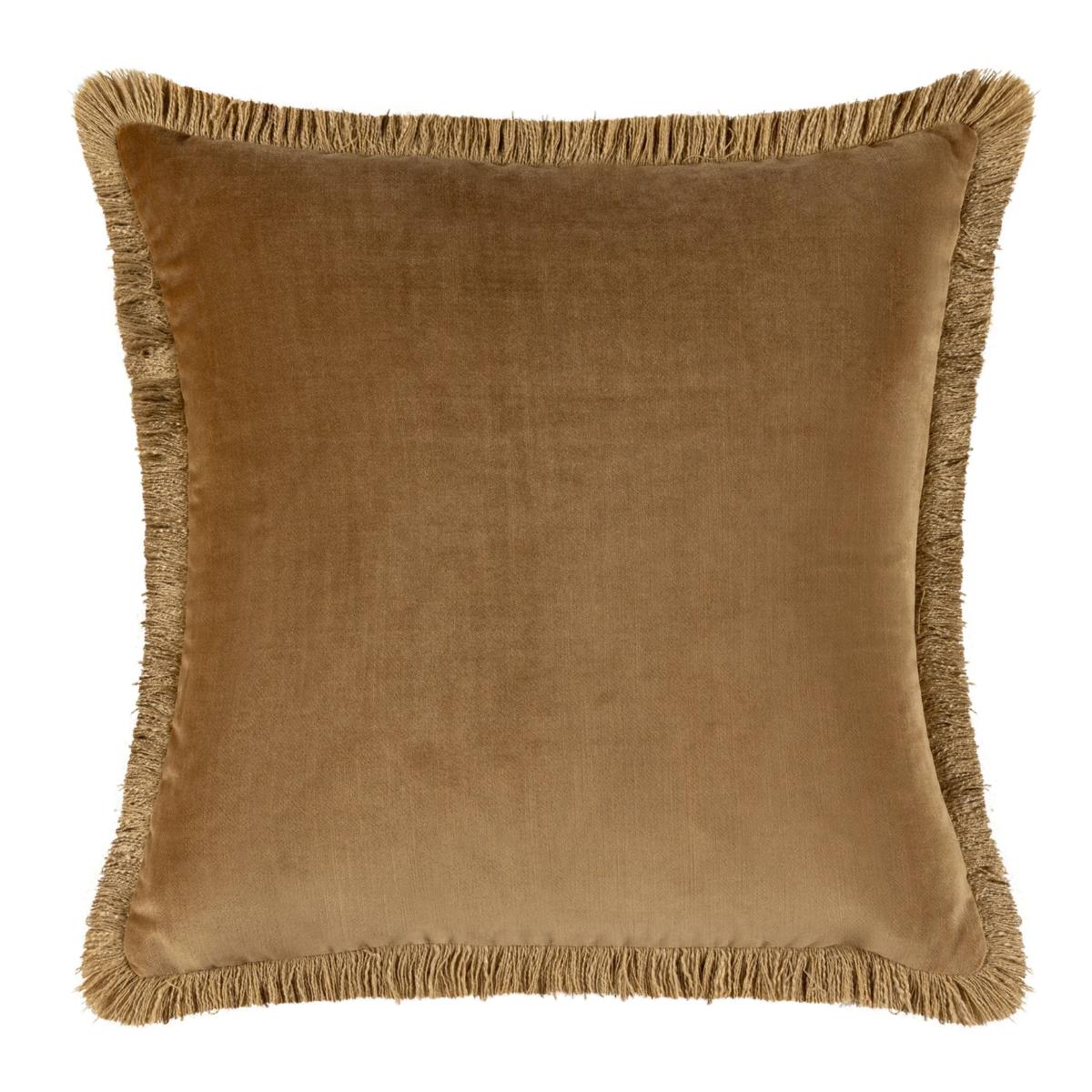 Elodie Velvet Cushion – square velvet cushion with tassel trim, 43cm, warm caramel tone