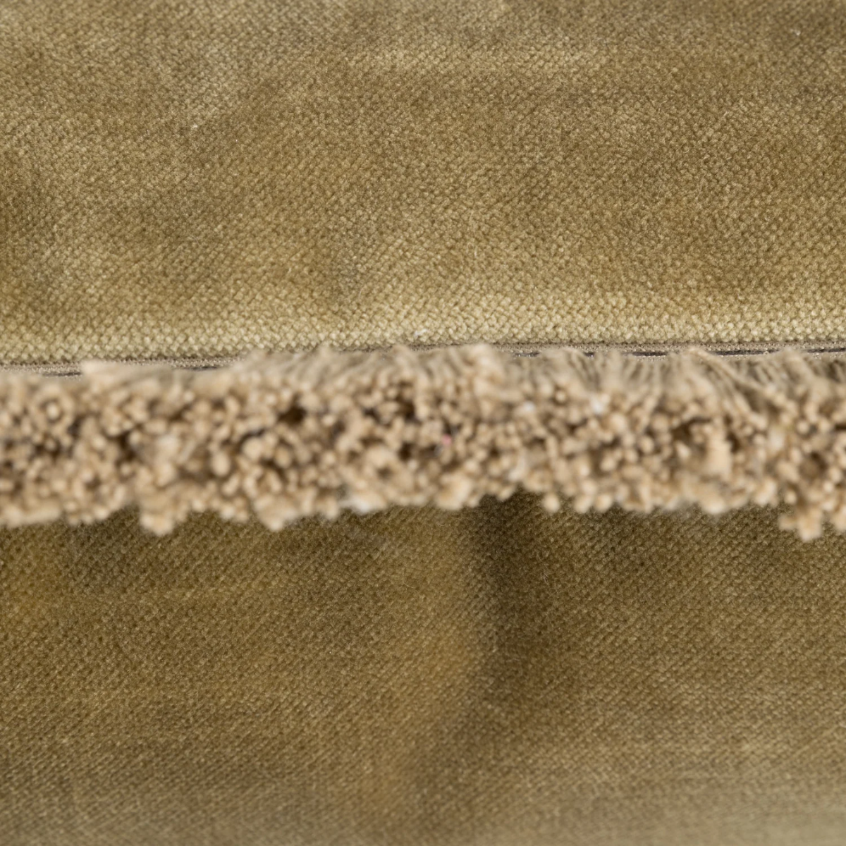 Elodie Green Velvet Cushion – deep green velvet with tassel trim, 43cm square -Close up of trim