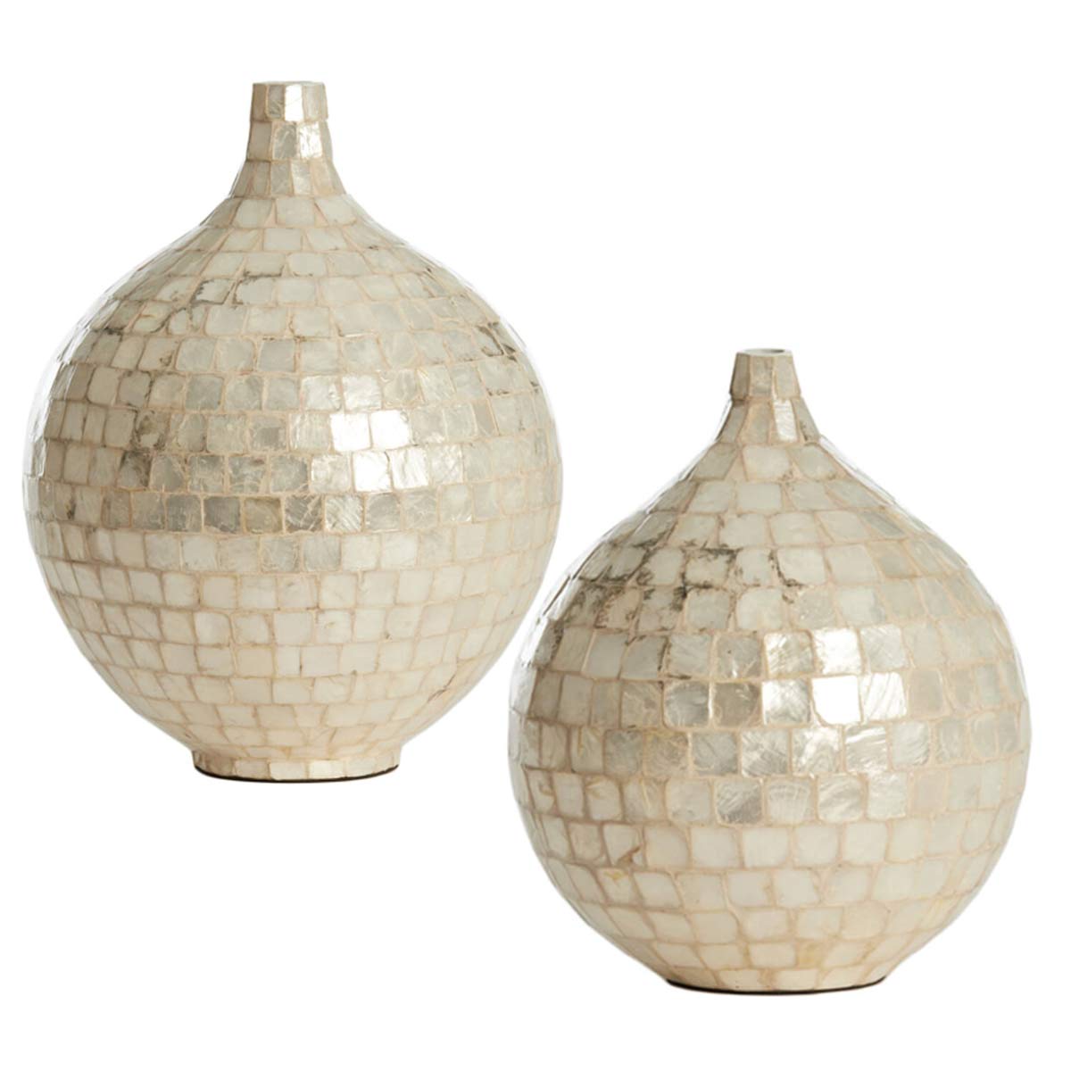Elorza cream decorative vase made from bamboo and seashell – Tall and Short vases displayed together