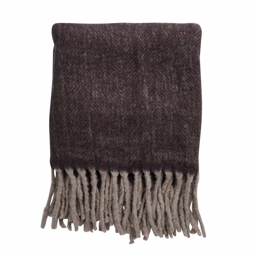 Essia brown wool herringbone throw with matching fringe, 170×130cm on white background