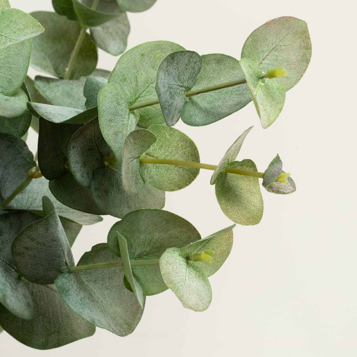 Close up of Leaves on Artificial Tall Green Eucalyptus Spray against a white background