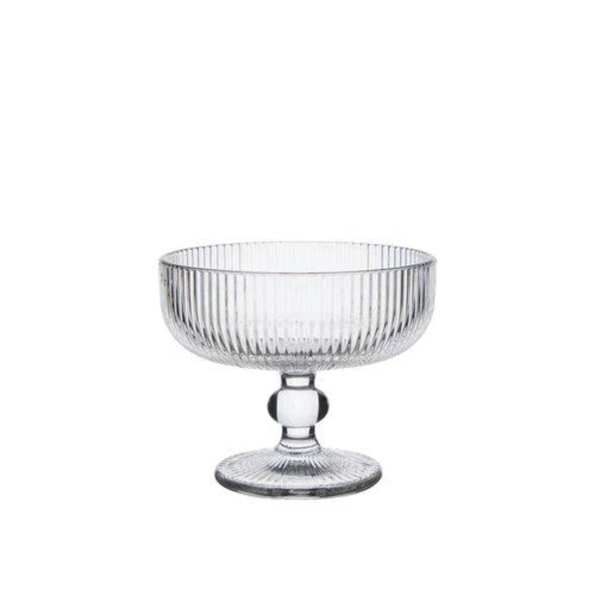 Evie Clear Coupe Glass footed bowl with ribbed design on a white background