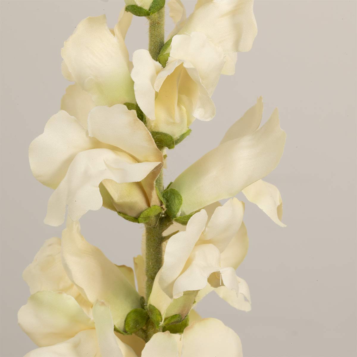 Close up of cream snapdragon artificial flowers against a neutral background.