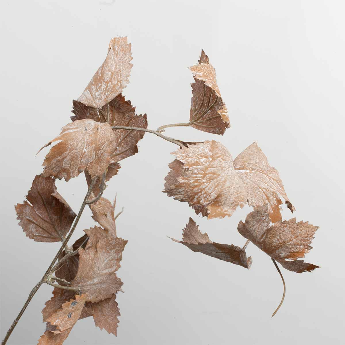Close up of artificial dried vine leaves against a light background.
