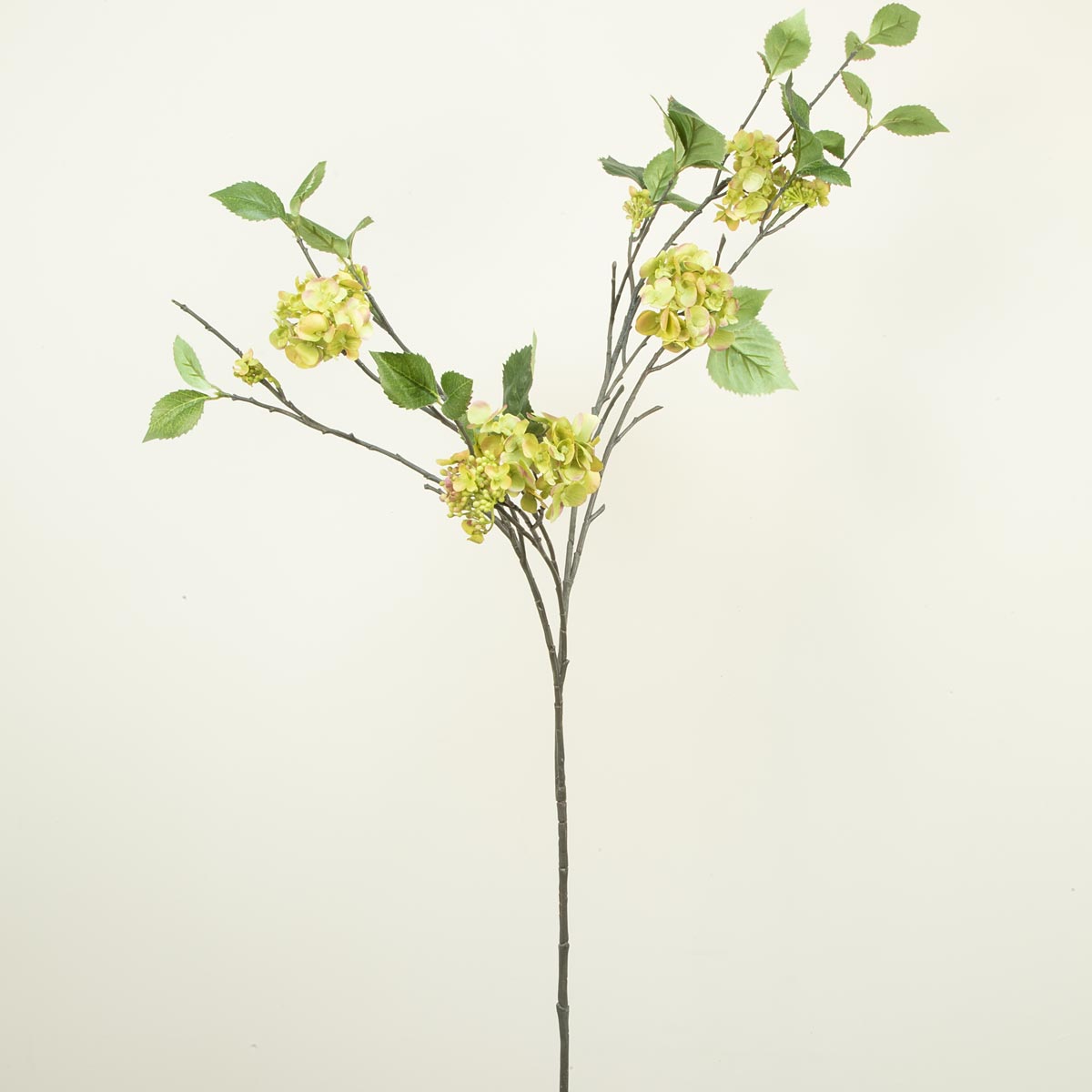 Artificial green hydrangea spray with multiple branches and green leaves.