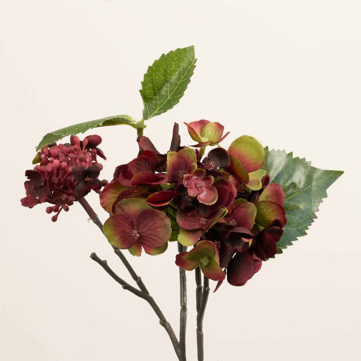 Close up of Faux Hydrangea Spray in Red and Green