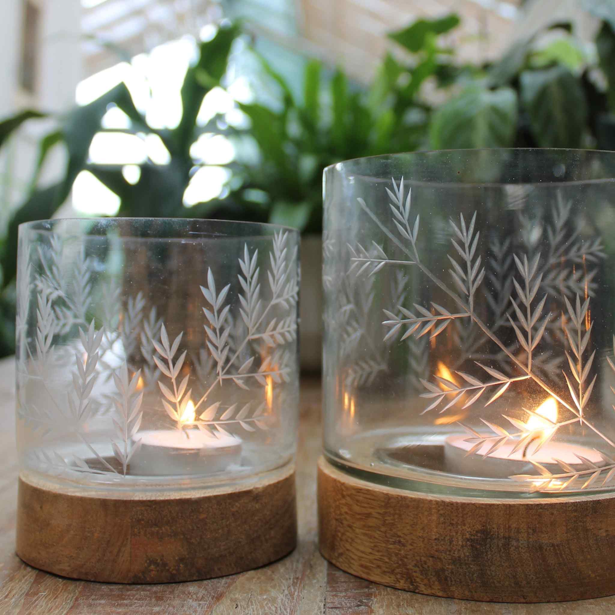 Fern Etched Glass Candle Holder - Small