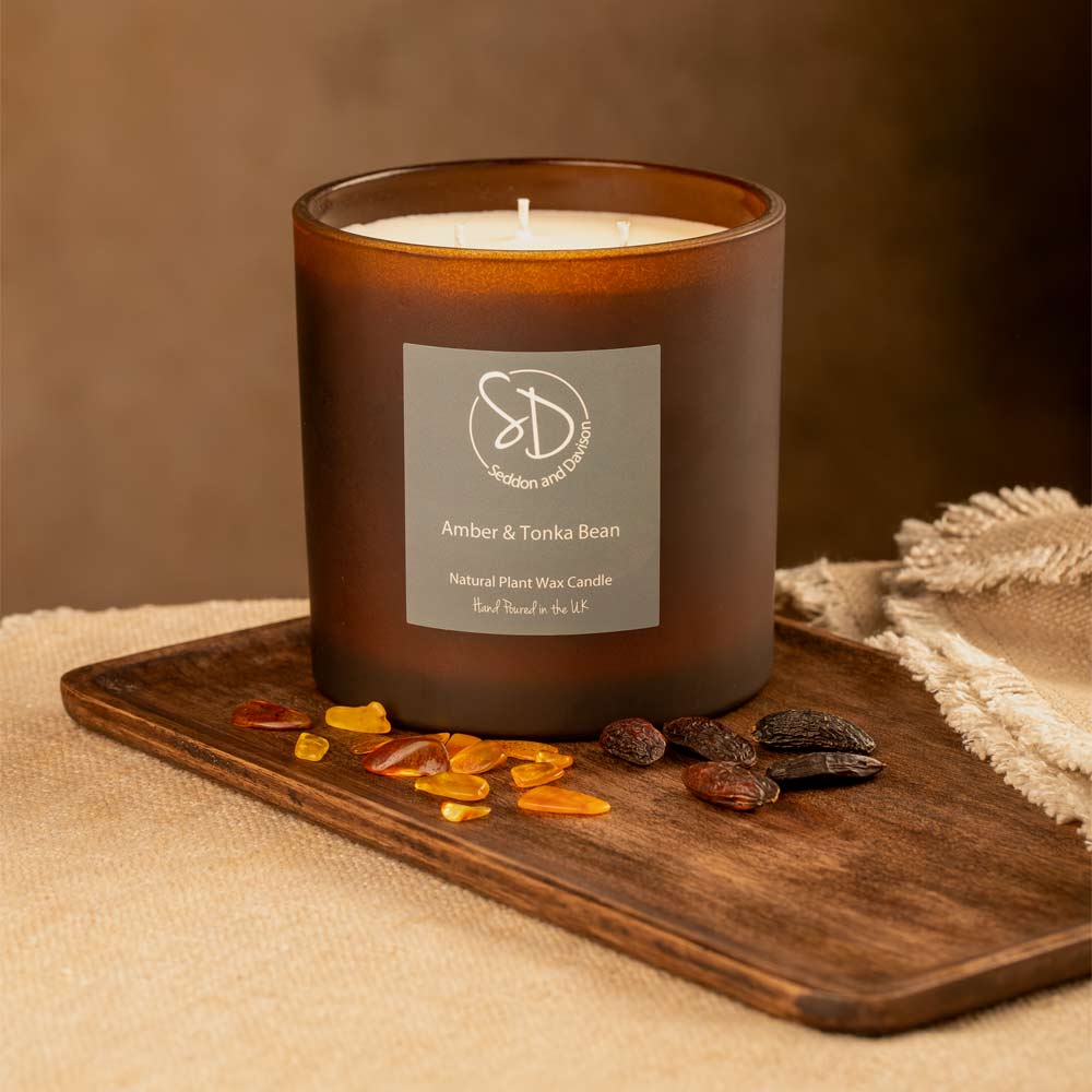 Frosted Amber Glass 3 Wick Large Candle - Amber and Tonka Bean
