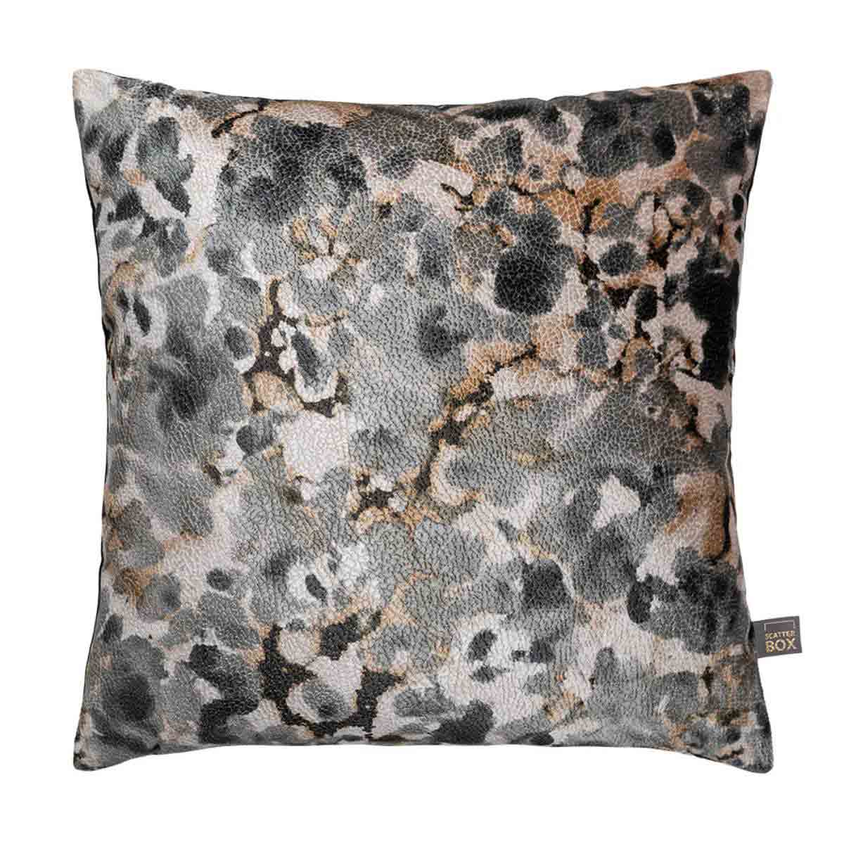 Gallium Black Cushion – 43cm Square, Handmade in Ireland, Velvet with Animal Print Design in Grey, Beige, and Gold Accents