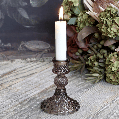 Glass Diamond Cut Short Candlestick - Mocca